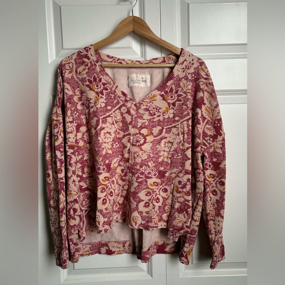Anthropologie Rose-Pink Floral Waffle Knit Long Sleeve Tee